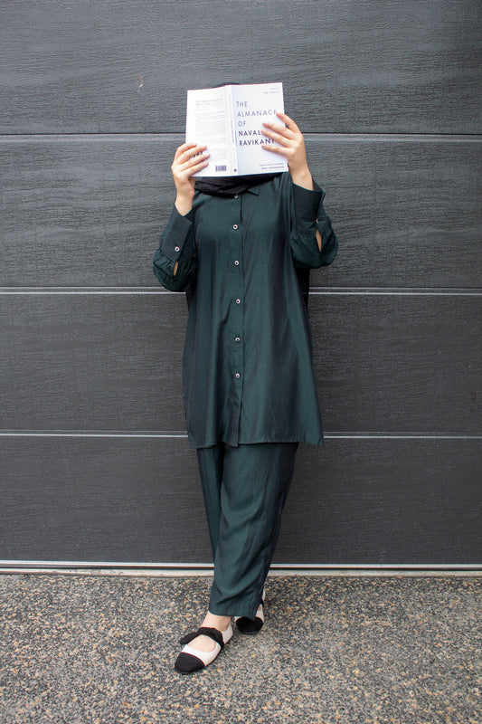 Bottle Green Coord Set With Embellished Buttons